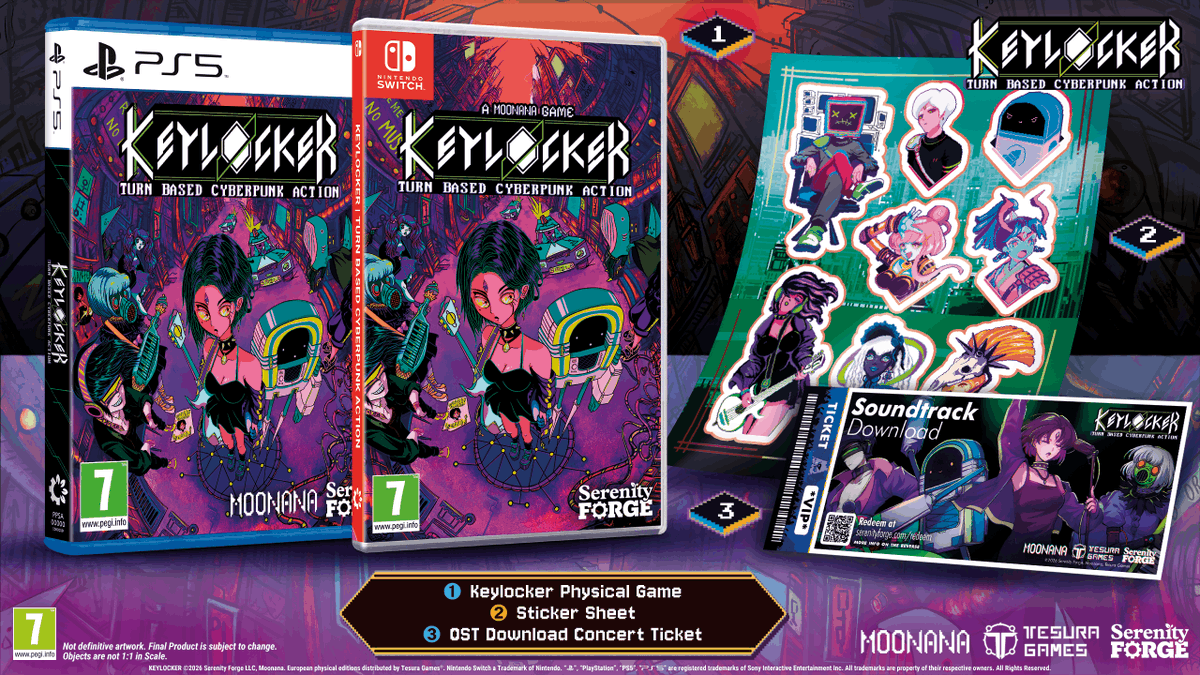 TesuraGames's tweet photo. The #Keylocker | Turn Based Cyberpunk Action 🎸 Standard Edition for #PS5 and #NSW includes:

💿 Full Game (including the latest update "Heart Strings"
📺 Original Sticker Sheet
🎶 OST Download Concert Ticket

Master electricity, choose your own path and pre-order yours now! https://t.co/U4Y6rQ7mAm