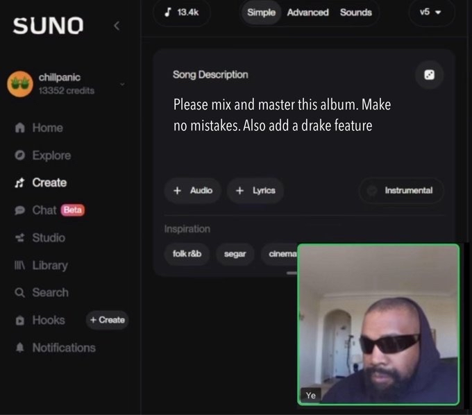 hfrpodcast's tweet photo. Ye is reportedly using Suno AI to mix &amp; master BULLY https://t.co/jJb6nSTjgc