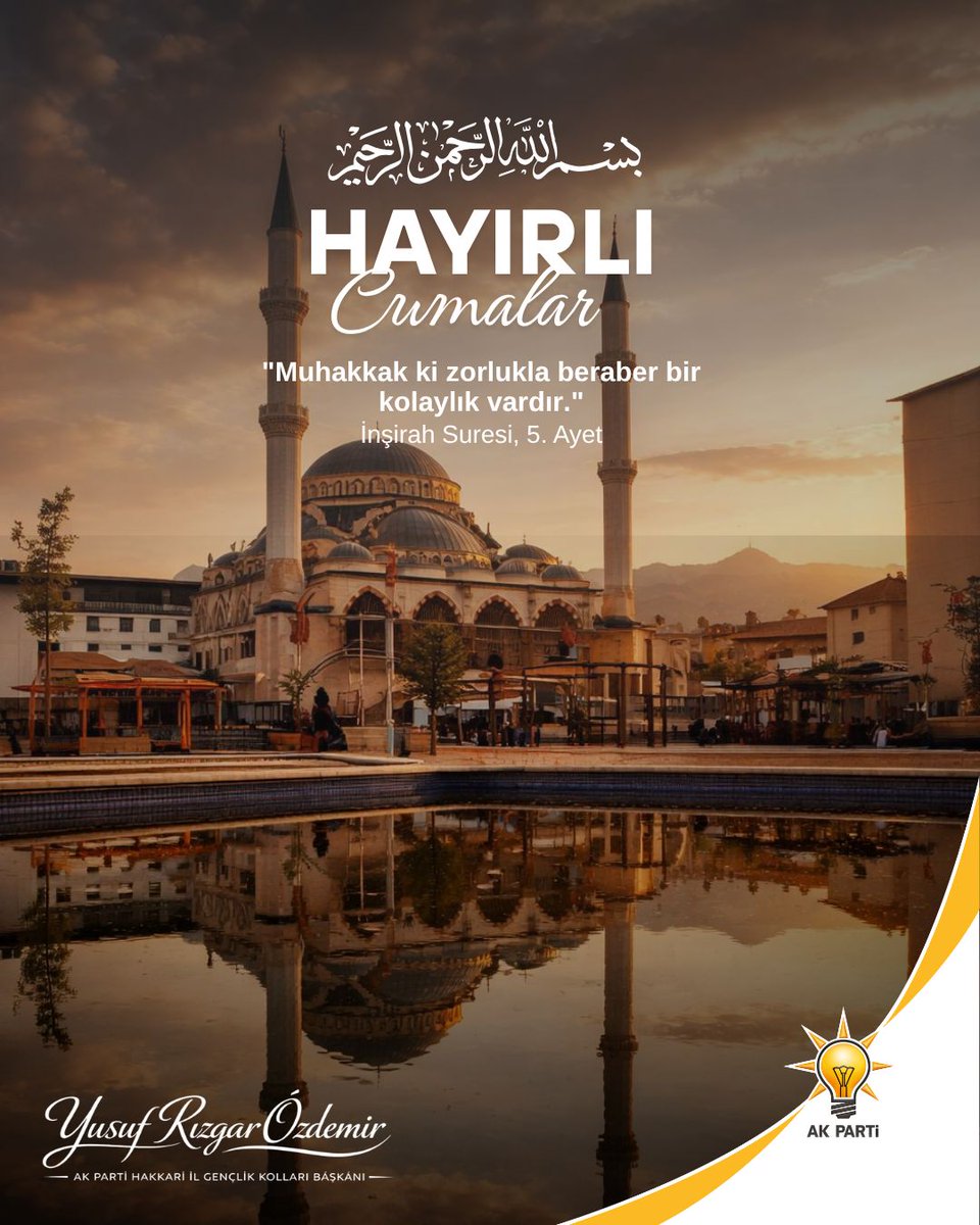 AkGencHakkari's tweet photo. 🌙 Hayırlı Cumalar 🤍
Rabbim gönüllerimize huzur, hayatımıza bereket nasip etsin.

“Şüphesiz zorlukla beraber bir kolaylık vardır.”
(İnşirah Suresi, 5. Ayet)

Dualarımızın kabul olduğu, kalplerimizin ferahlık bulduğu bir Cuma olsun 🤲✨
@yrizgarozdemir https://t.co/buQlQdziDZ