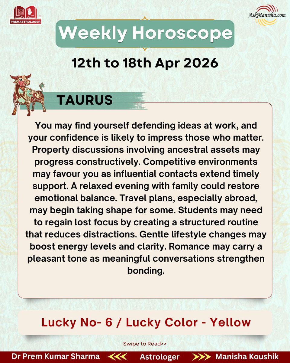 premastrologer's tweet photo. Weekly Horoscope 12th to 18th April' 2026

#Aries #Taurus #Gemini #Cancersign
#weeklyhoroscope

To check your sign pls click the link below:
https://t.co/oEtBrLmYb2
For personal consultation at +919216141456 https://t.co/ttNJx0lgAq