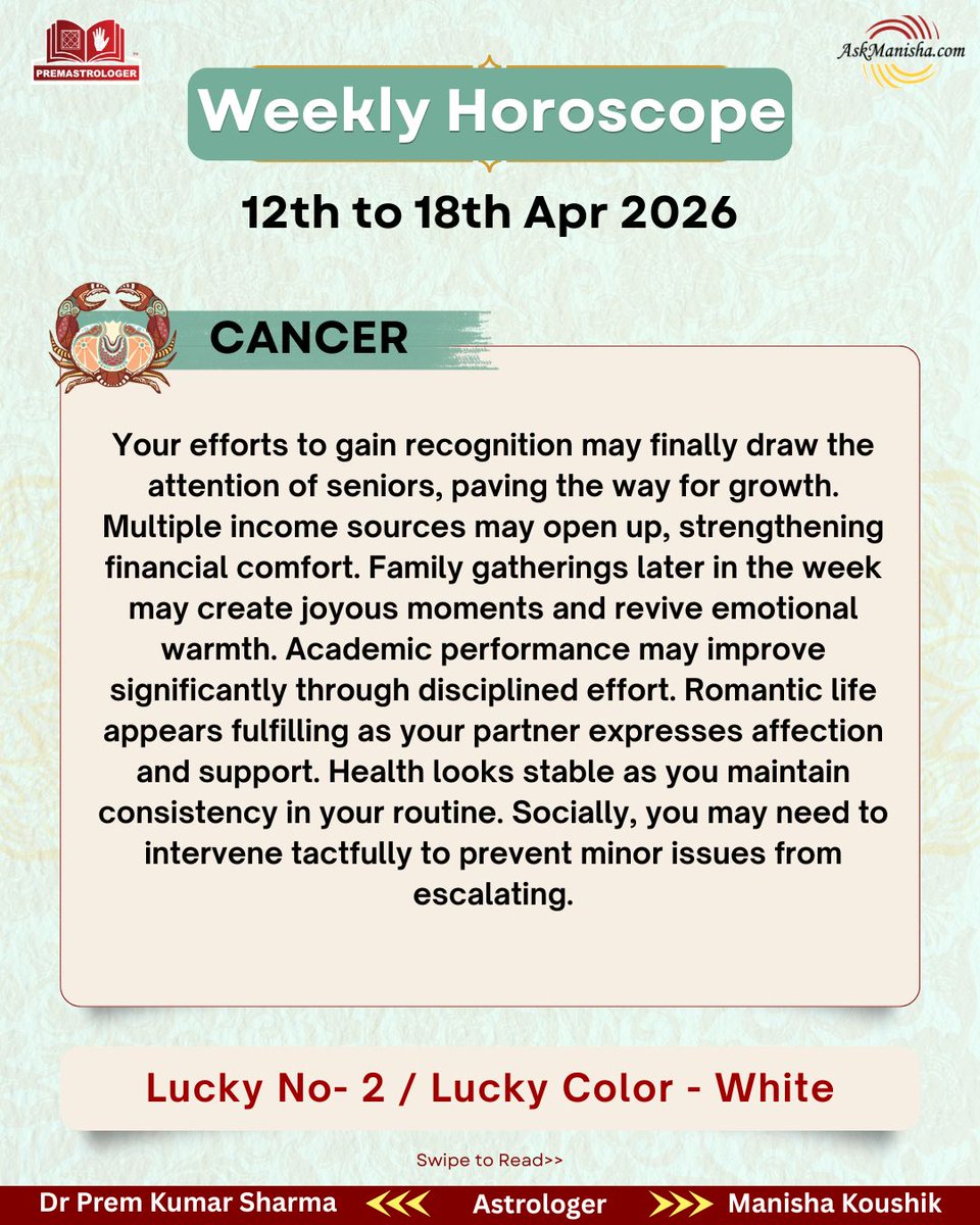 premastrologer's tweet photo. Weekly Horoscope 12th to 18th April' 2026

#Aries #Taurus #Gemini #Cancersign
#weeklyhoroscope

To check your sign pls click the link below:
https://t.co/oEtBrLmYb2
For personal consultation at +919216141456 https://t.co/ttNJx0lgAq
