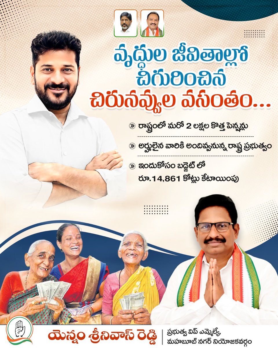 palamuru's tweet image. వృద్ధుల జీవితాల్లో చీగురించిన చిరునవ్వుల వసంతం...

రాష్ట్రంలో మరో 2 లక్షల కొత్త పెన్షన్లు

అర్హులైన వారికి అందివ్వనున్న రాష్ట్ర ప్రభుత్వం

ఇందుకోసం బడ్జెట్ లో రూ.14,861 కోట్లు కేటాయింపు

#pensions #welfare #elderlycare #telangana #congressparty #govtwhipp #mahabubnagarmla