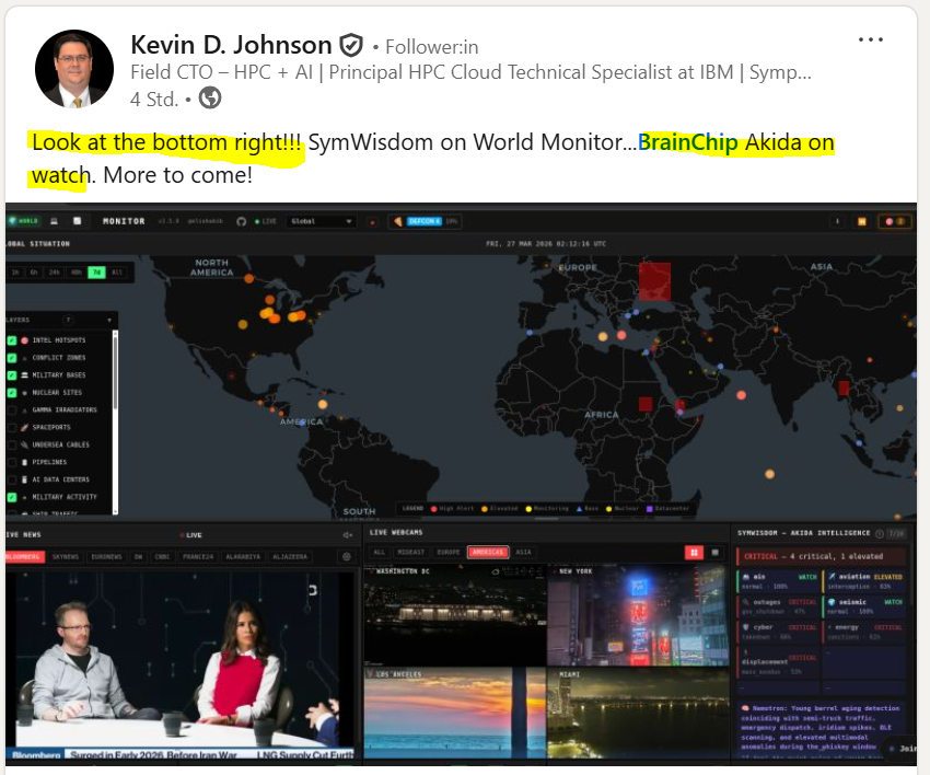MIAM_Schwan's tweet image. Kevin loves Akida, that's for sure, and I love that 😍😂. There is not a day without Kevin D. Johnson/Field CTO of #IBM, coming up with a new BrainChip Akida test.

@BrainChip_inc $BRN #BRN #Symphony 
linkedin.com/posts/activity…