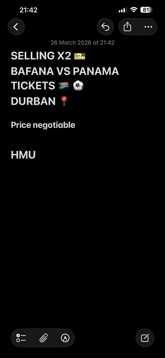 Selling x2 tickets to the Bafana x Panama game tonight in Durban. HMU or spread the word ⚽️