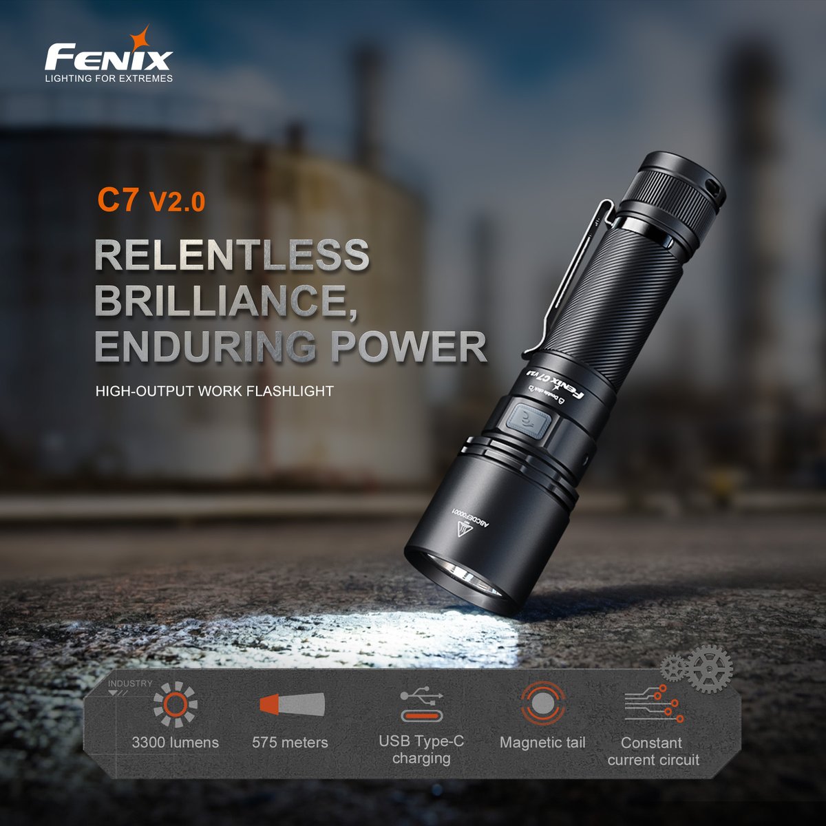 FenixProducts's tweet image. Fenix_C7 V2.0_HIGH-OUTPUT WORK FLASHLIGHT
🔱 575 meters maximum beam distance
💡 3300 lumens maximum output 
🪫 Inner waterproof USB Type-C charging port
✅ Magnetic tail for hands-free use
#Fenix #lighting