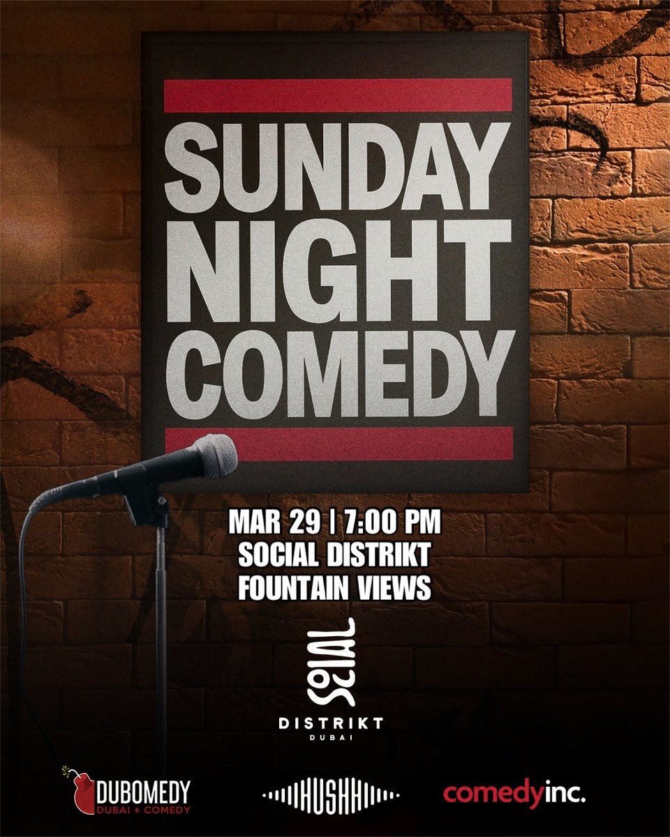 Dubomedy's tweet photo. Join us Sunday at Social Distrikt for laughter, levity &amp; a stellar line-up. Admission is free. 🎉

Here’s the RSVP link 🔗 https://t.co/FxycegCALT #dubai #comedy https://t.co/dyclDxN3em