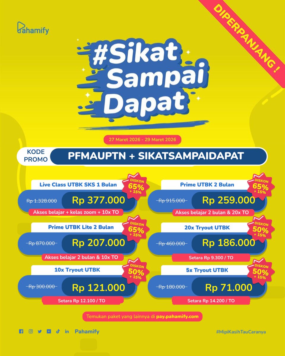 cipamipy's tweet photo. PROMO TERBARU PAHAMIFY 

⭐ Live Class UTBK, Prime UTBK, &amp; TO

Pakai double diskon biar tambah murah 🤩💥
Kode diskon: PFMAUPTN + SIKATSAMPAIDAPAT 
https://t.co/nBdNzOUhjf

bimbel utbk online sharing pdf tryout gratis pk pm pu pbm ugm snbt snbp review mipy diamond materi jawaban https://t.co/2cCifZhleI