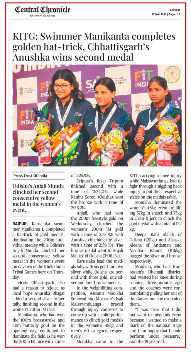 SportsywCg's tweet image. Golden moments at the Khelo India Tribal Games 🥇
Manikanta shines with a stunning hat-trick of golds, while Anushka makes her state proud with another podium finish 💪🇮🇳
Hard work, resilience, and pure determination on display! #KheloIndia #Champions #ProudMoment