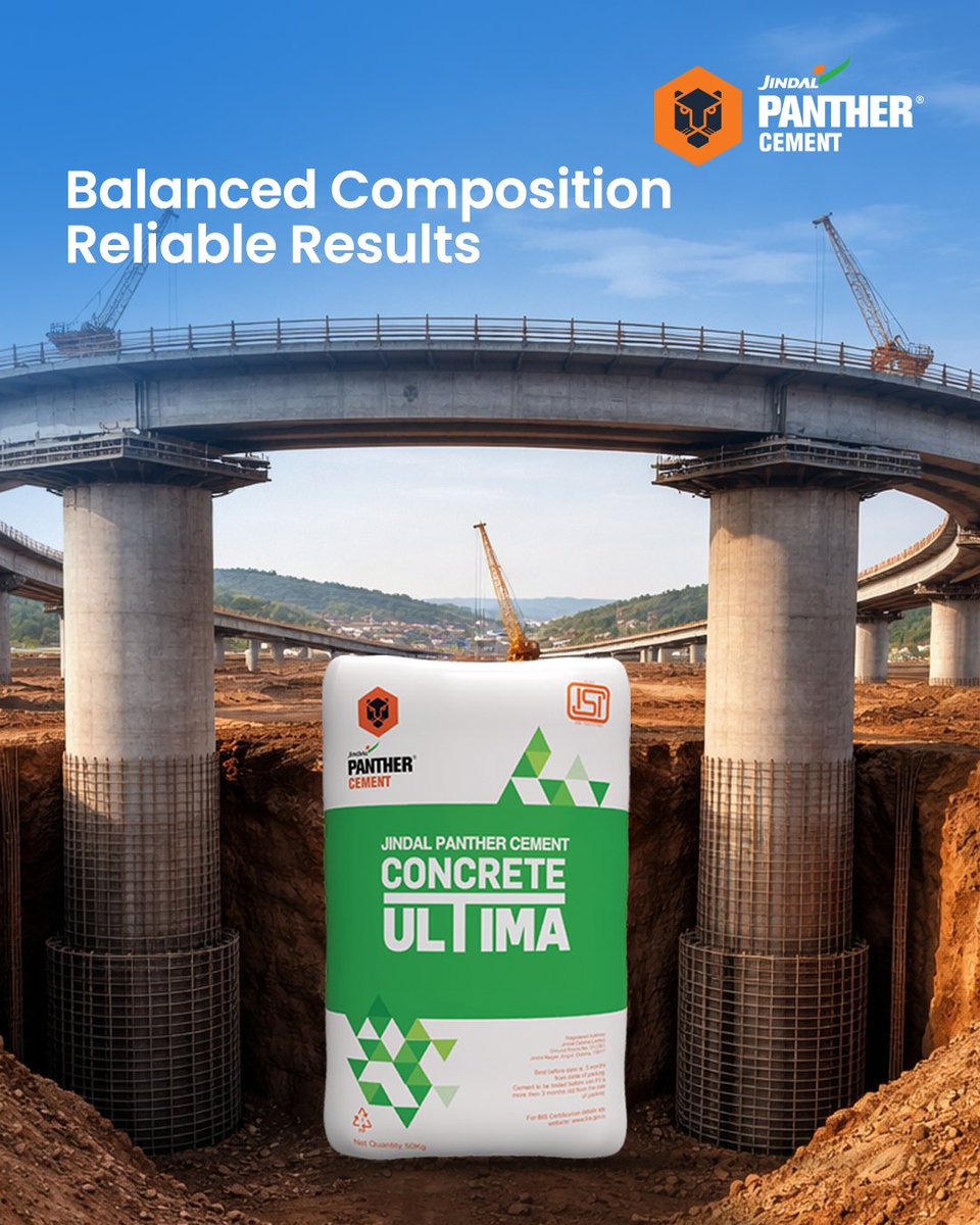 JindalPanther's tweet photo. Jindal Panther Ultima Cement is formulated to provide consistent strength development, improved workability, and dependable durability, making it suitable for structural and finishing applications alike.
Consistency at every stage of construction.
#UltimaCement #JindalPanther #ConcretePerformance #ConstructionQuality