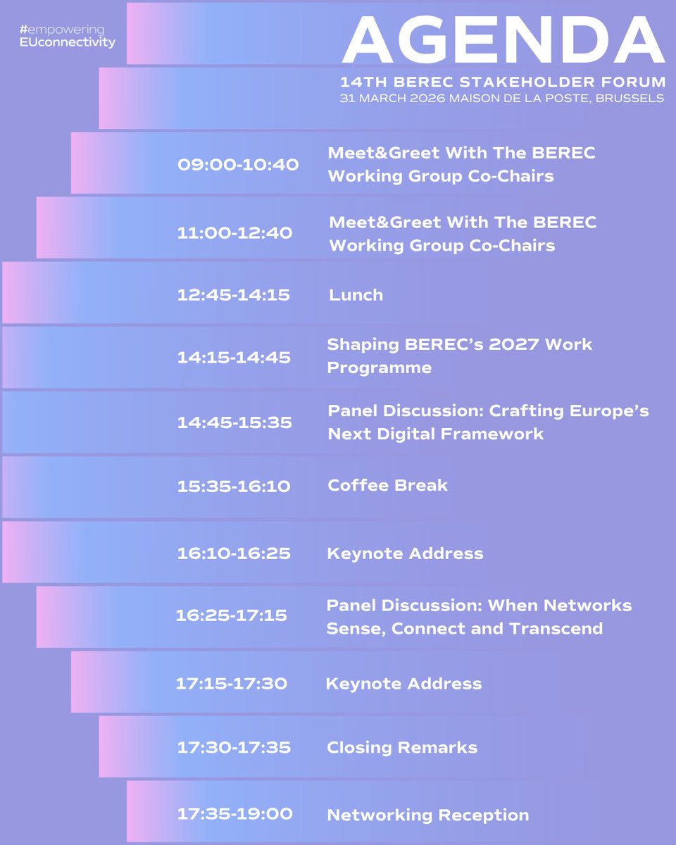 BERECeuropaeu's tweet photo. ⏳Let’s meet soon! #BERECForum is happening on 31 March 2026. 🇪🇺

🆕 Updated agenda now available!

Join us in Brussels or online:
💡 Policy, innovation &amp; connectivity
🎤 Top-level speakers
💻 Join from anywhere

🔗 Register: https://t.co/PD8oEcEX75

#BSF14 https://t.co/eOYlthUZsj
