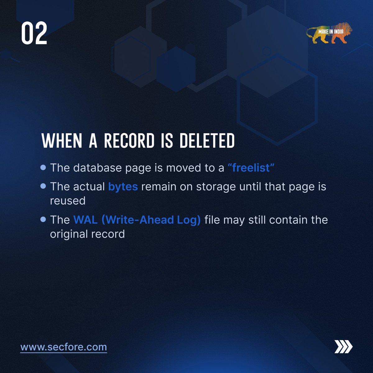 secfore_'s tweet photo. ���Deleted” messages aren’t really deleted!
SQLite keeps data in freelists until overwritten. 
The WAL file is forensic gold. 
@secfore_  decoders parse every app’s unique SQLite schema — recovering what users thought was gone.

#MobileForensics #DigitalEvidence #SQLite https://t.co/YguZVwPRok
