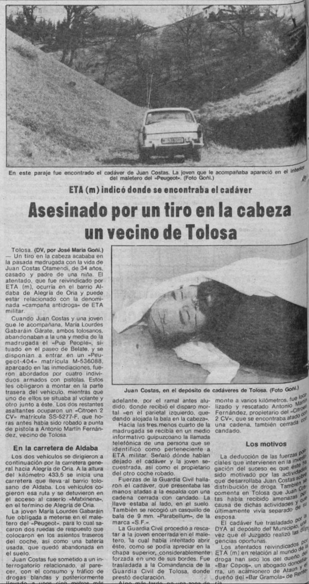 ConsuorF's tweet photo. #TalDiaComoHoy 1981 #ETA secuestró, #torturó y asesinó en #Tolosa a Juan Costas, albañil, se encontraba con una amiga cuando fueron sorprendidos por 4 etarras, les obligaron a subir a su propio coche, los llevaron a un lugar apartado, le metieron a ella en el maletero. 

🧵 https://t.co/jvxwyzh7bA