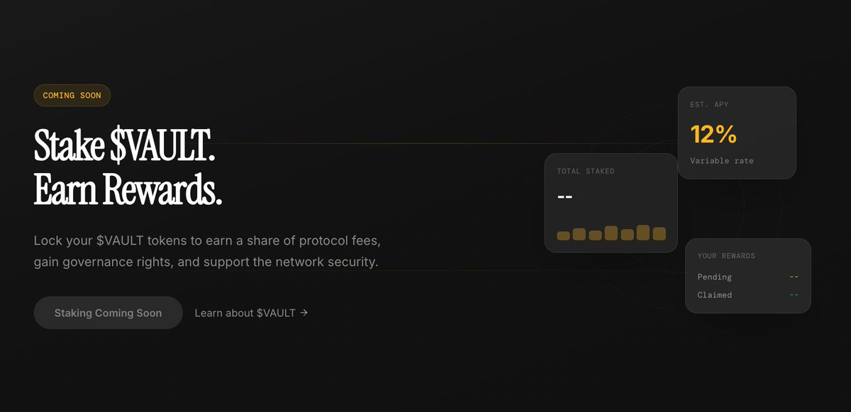 $VAULT staking goes live today at 1PM PDT

→ Earn from protocol fees → governance voting power → Flexible lock periods (longer = higher APY) → no minimum, claim anytime

clawvault.cc/staking