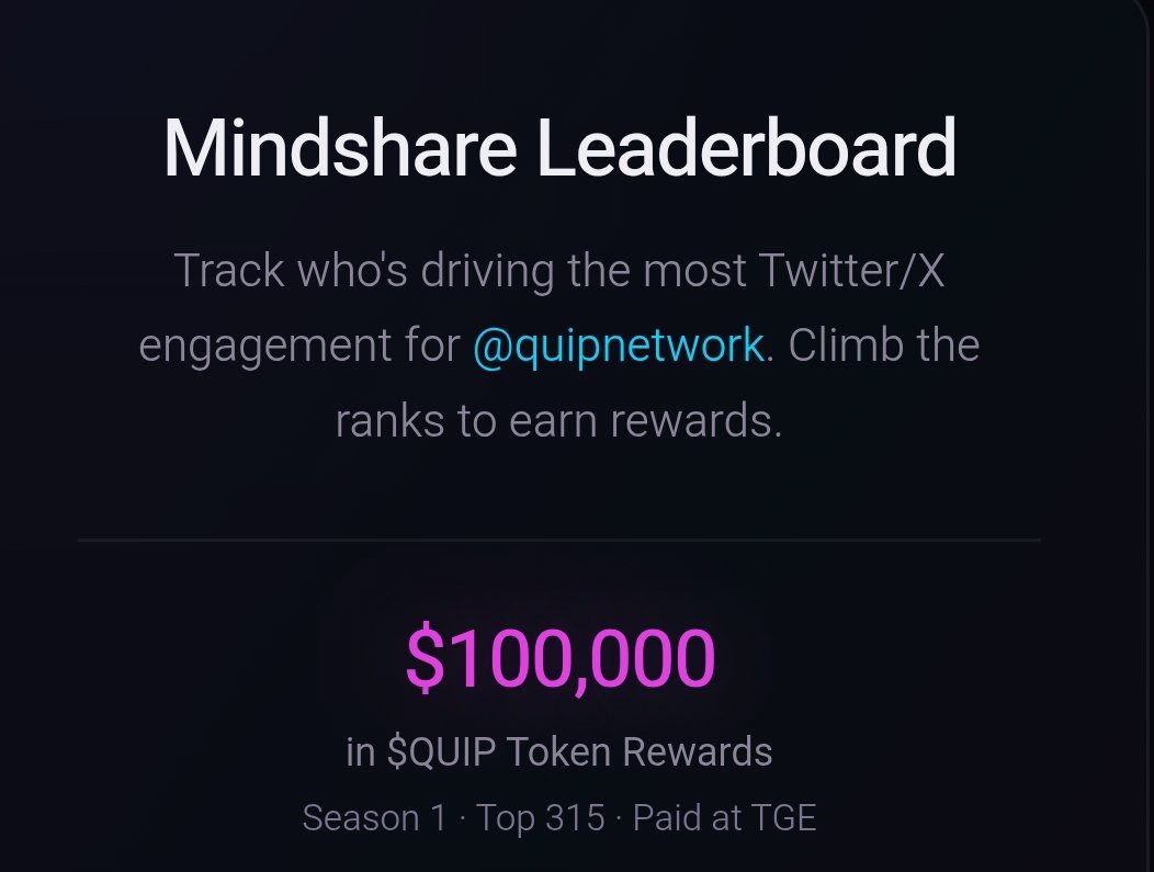 Tham gia chiến dịch Mindshare - share pool thưởng 100.000$ bằng token $QUIP

Đây là kèo Yap mới + airdrop án <a href="/quipnetwork/">Quip Network</a> anh em tranh thủ tham gia nhé.

Truy cập: quest.quip.network/airdrop?referr…

- Kết nối ví 
- Kết nối X
- Hoàn thành các task
- Tạo nội dung chất lượng