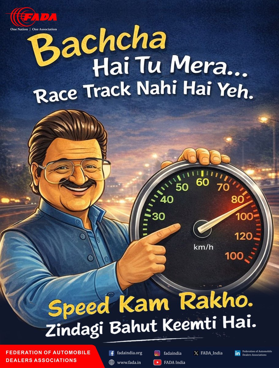 FADA_India's tweet photo. The internet loves “Bachcha Hai Tu Mera…”
So we used it to say something that matters.
Helmet pehen. Seatbelt laga. Phone side mein rakh.
Drink karke drive mat kar.
“Bachcha Hai Tu Mera… Safe chal.”
#DealershipForGood #DhurandharTheRevenge #BachchaHaiTuMera https://t.co/zOqQXaQS87