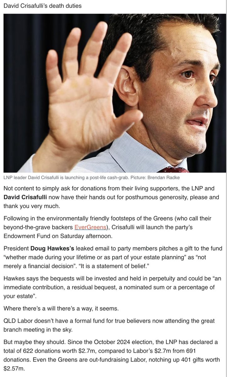 LyndaFrench19's tweet photo. #qldpol 
#DavidCrisafulli wants your money when you are dead.
Since 2024 #QldLNP has declared 622 donations worth $2.7m, compared to #QldLabor’s $2.7m from 691 donations. #QldGreens notching up 401 gifts worth $2.57m. @Qldaah 
https://t.co/TsM1oe5LdX

https://t.co/WM12pAEm99 https://t.co/SPtcRzDVQg