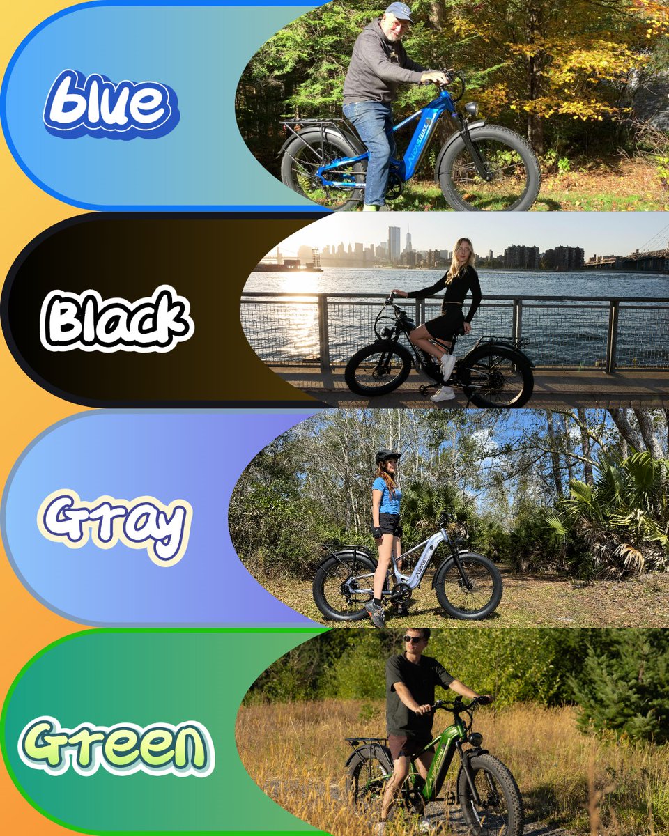 aipasebike's tweet photo. Pick your vibe: Blue, Black, Gray, or Green? 👇Aipas ebikes come in all the colors you need to stand out.
#Aipas 
#EbikeLife 
#ColorChoice
#ebike 
#petplay 
#outdoors 
#AipasM2pro 
#dogmomlife 
#WeekendVibes 
#everydayisfridayshow https://t.co/uEo5I99dqF