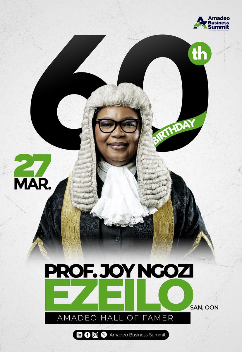 Happy Birthday to an icon and Amadeo Hall of Famer,
Prof. Joy Ngozi Ezeilo, SAN, OON.
A globally recognized human rights advocate, former UN Special Rapporteur, and founder of WACOL, her work continues to impact lives.
We celebrate your legacy and leadership. 

#ABS #Icon #Amadeo