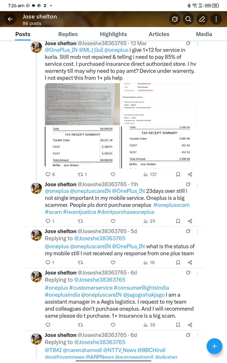 Joseshe38363765's tweet image. First asked 85% service cost. After multiple tweets,1+ offered replacement with OnePlus 12 but asking ₹27K40% MRP. 1+ exchange value is 25k. why should more value for 2-year-old model? If I’m pay amt, I deserve the latest model OnePlus. Fair resolution needed.#ScamOnePlus