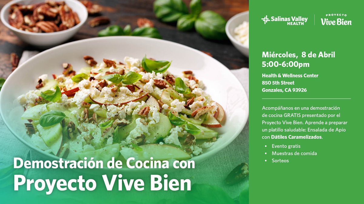 Salinasvhealth's tweet image. Únase al proyecto Live Well de Salinas Valley Health para una próxima demostración culinaria centrada en comidas sencillas y nutritivas.

Haga clic en el enlace para registrarse: bit.ly/4bK2L3D

#LiveWell #vidasaludable #basadoenplantas #SalinasValleyHealth
