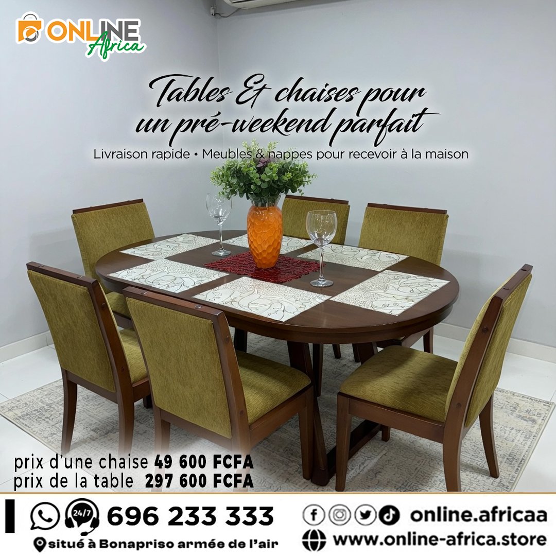 onlineafricaa's tweet photo. 🍽️ Tables &amp; Chaises pour un pré-weekend parfait ✨

Noir moderne; Ovale bois &amp; vert; Bois clair &amp; bleu; Marbre &amp; gris 

Livraison rapide partout à Douala &amp; Cameroun ! 
📞 696 233 333 (24/7) 
🌐 https://t.co/AxWbFRb5H1

#TablesEtChaises #SalleAManger #MeublesDouala https://t.co/0K7RcAGxvR