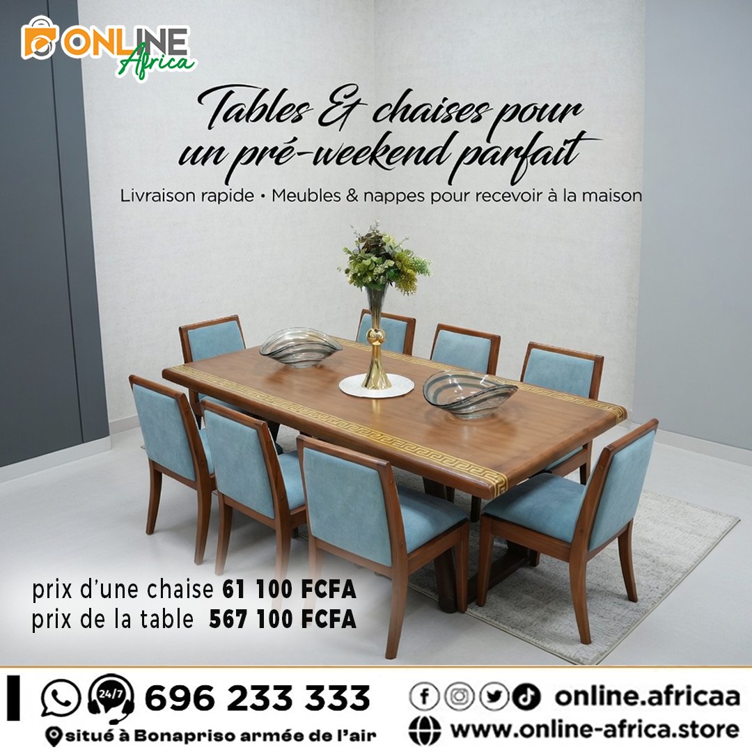 onlineafricaa's tweet photo. 🍽️ Tables &amp; Chaises pour un pré-weekend parfait ✨

Noir moderne; Ovale bois &amp; vert; Bois clair &amp; bleu; Marbre &amp; gris 

Livraison rapide partout à Douala &amp; Cameroun ! 
📞 696 233 333 (24/7) 
🌐 https://t.co/AxWbFRb5H1

#TablesEtChaises #SalleAManger #MeublesDouala https://t.co/0K7RcAGxvR