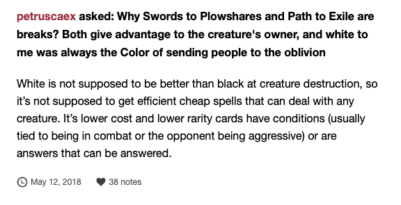 CardboardNumber's tweet photo. Some previous comments from Mark Rosewater about Path to Exile, in light of today's spoiler for Erode.

I think it's clear that WotC has been looking at ways to return to this effect over the years, and they've found a version of it they're satisfied with here. https://t.co/rVuLuWEDNB