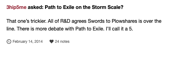 CardboardNumber's tweet photo. Some previous comments from Mark Rosewater about Path to Exile, in light of today's spoiler for Erode.

I think it's clear that WotC has been looking at ways to return to this effect over the years, and they've found a version of it they're satisfied with here. https://t.co/rVuLuWEDNB
