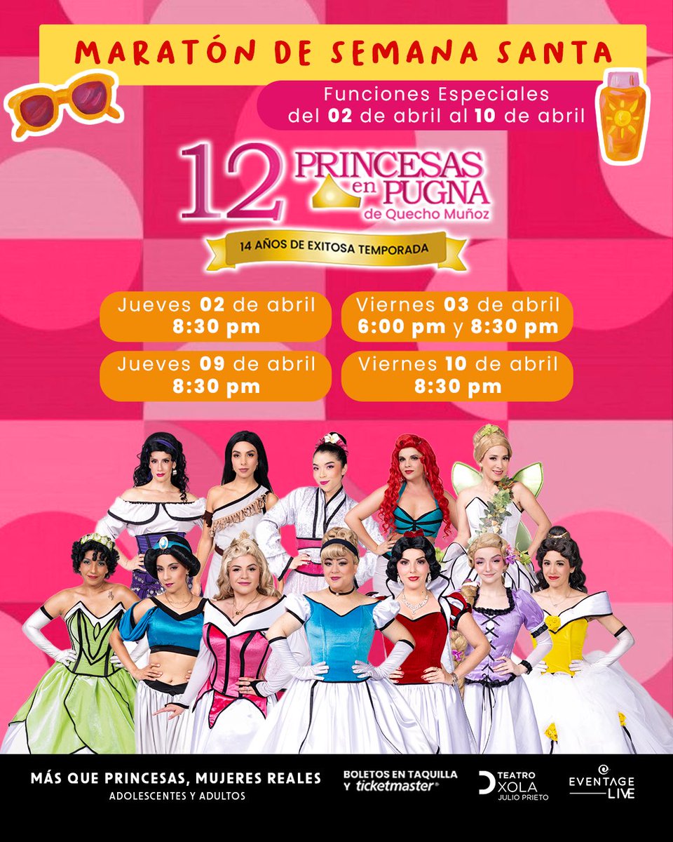¡Estas vacaciones mereces mucha diversión con las <a href="/12_Princesas/">12Princesas en Pugna</a> 

¡15 años de temporada y de risas ininterrumpidas son garantía!

<a href="/TeatroXola/">TEATRO XOLA</a> 
Todos los jueves a las 8:30 PM
Funciones especiales viernes 3 y 10 de abril
Boletos en taquilla y Ticketmaster
ticketmaster.com.mx/12-princesas-e…
