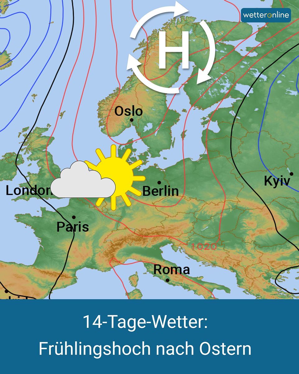 WetterOnline's tweet image. Frühlingshoch nach Ostern 🌤️ 

Nach einem windigen 🌬️ und unbeständigen Osterwochenende 🌦️ setzt sich ruhigeres Wetter durch ☀️. Dabei bleiben die Temperaturunterschiede deutlich spürbar. 🌡️

Mehr dazu im 14-Tage-Wetter:
👉 wetteronline.de/14-tage-wetter 

#Frühling #Ostern #Sonne