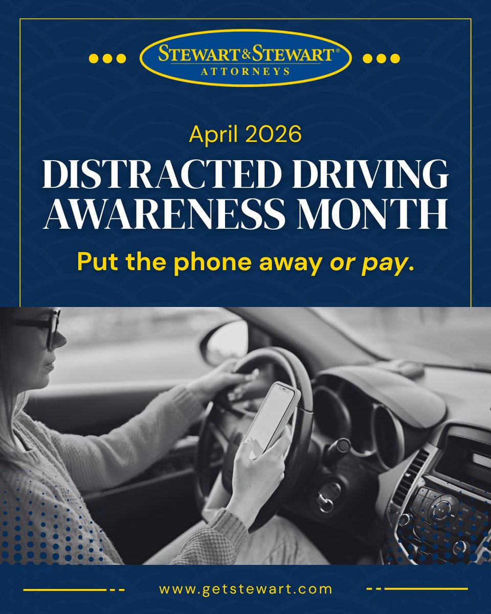 GetStewart's tweet photo. April is #DistractedDrivingAwarenessMonth! 🚗📵 Put the phone away and drive safe. If you need help, Stewart &amp; Stewart is here for you. #PutThePhoneAwayOrPay #DriveSafe #PersonalInjuryLaw #StayFocused #GetStewart https://t.co/1ZiTIVIj5f