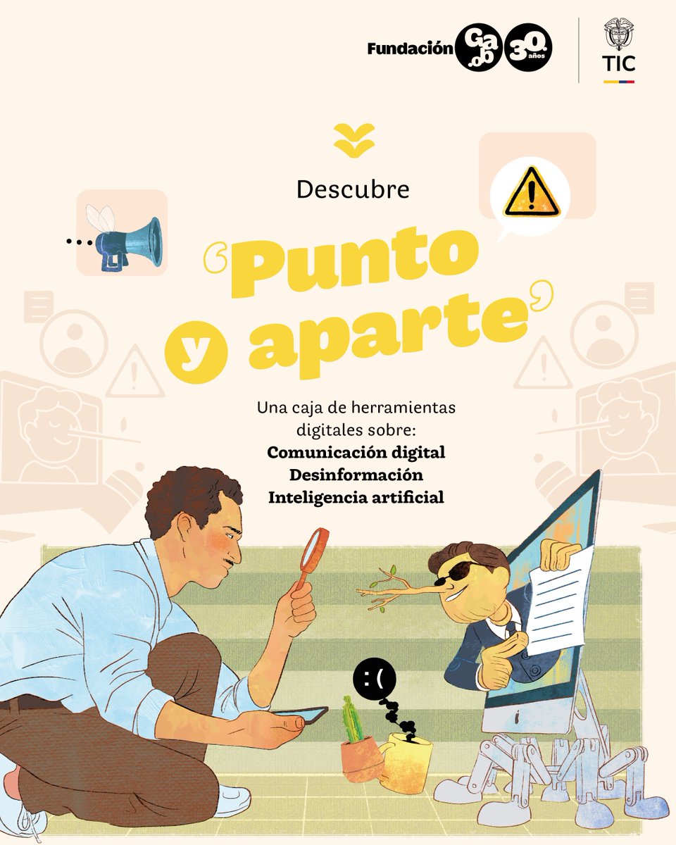 FundacionGabo's tweet photo. ¿Qué tipo de herramientas encontrarás en ‘Punto y aparte’? Este entorno digital está dividido en tres secciones: 

💻 Comunicación digital
🔎 Desinformación
🤖Inteligencia artificial

📌Conoce más aquí: https://t.co/2MxBMep1k2 https://t.co/lEvGrjpALU