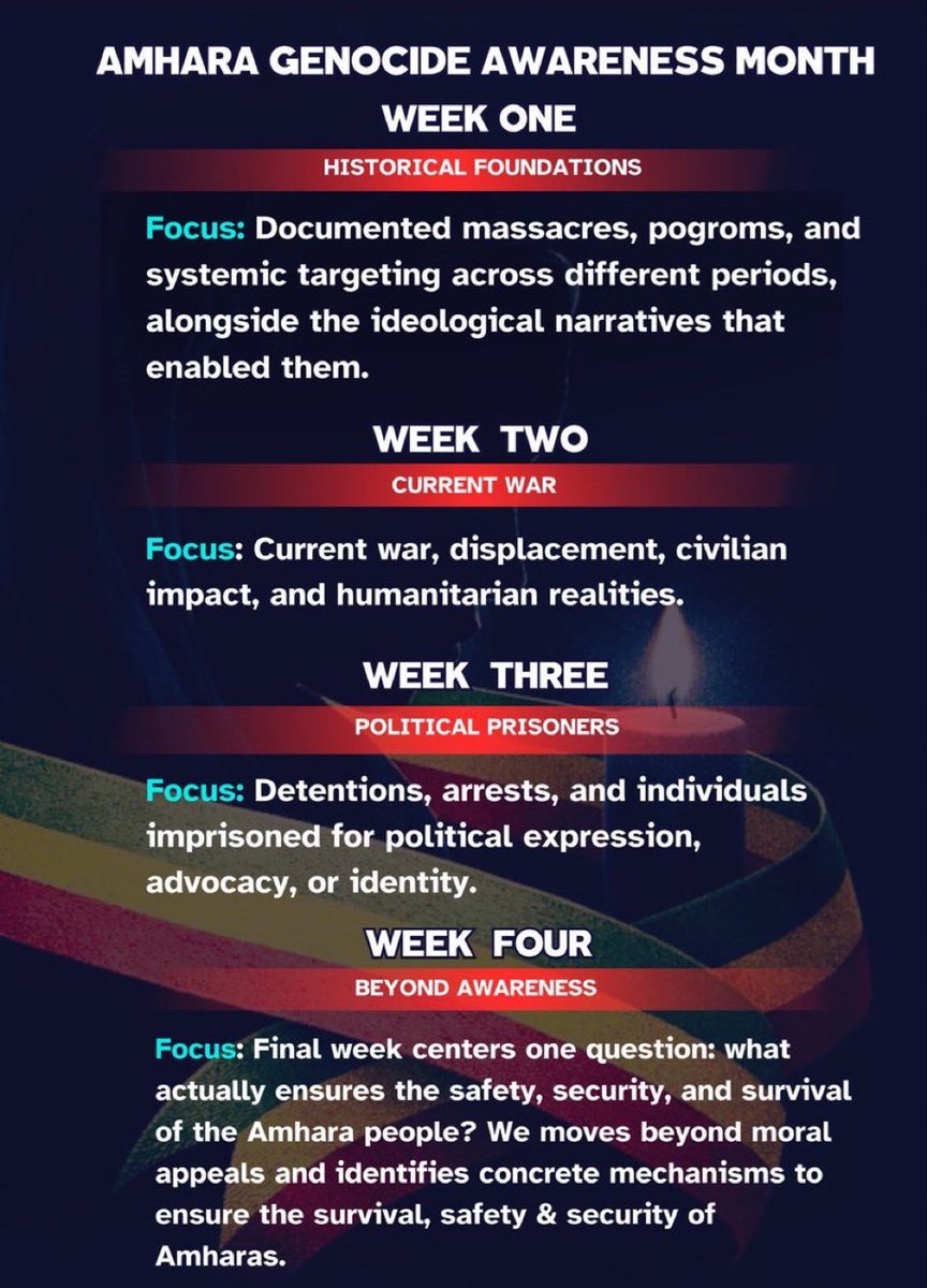 Amharas_Of_LA's tweet photo. This is how you can participate in observing #AmharaGenocide Awareness Month for #April2026 . Video Attached. 
And 4 Week Plan. 
#Ethiopia #WarOnAmhara
#AmharaUnderAttack #Amhara https://t.co/IK2d8CuM0x