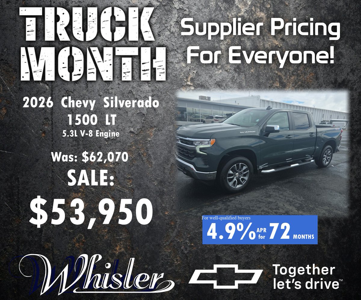 whislerchevy's tweet photo. #TruckMonth  Save over $8,100 on this brand new Chevy Silverado LT with supplier pricing for everyone!

https://t.co/xbtZ7koR9J

#supplierpricingforeveryone #Chevy #trucks https://t.co/bXbB3r4vSZ