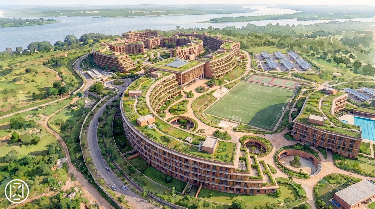 MrBasabose's tweet photo. École Supérieure des Sciences Agronomiques et Agroalimentaires (ESSAA) / @BasaboseStudio 

Une architecture issue du sol, du climat et du vivant.

👉 https://t.co/bTk94FdcCE

L’École Supérieure des Sciences Agronomiques et Agroalimentaires à Maluku est conçue comme un campus vivant, enraciné dans le territoire  qu’elle étudie. Situé le long du fleuve Congo, à l’est de Kinshasa, le  projet puise son langage architectural dans le paysage agricole; ses  sols, sa végétation et ses cycles climatiques. Le campus se déploie en  une série de bâtiments courbes et en terrasses qui suivent la  topographie naturelle, formant un réseau de cours, de jardins et de  paysages pédagogiques où salles de classe et champs expérimentaux  coexistent de manière fluide.

La matérialité est résolument ancrée  dans la terre et le contexte local. La brique, la terre stabilisée et  la pierre naturelle reprennent les teintes et textures du sol  environnant, tandis que le bois et les façades perméables apportent  chaleur et favorisent la ventilation naturelle. Les toitures  végétalisées et les terrasses plantées prolongent le paysage productif  jusque sur l’architecture, brouillant les limites entre bâtiment et  champ et affirmant le campus comme un système agricole vivant.

Le  projet intègre des stratégies passives telles que de larges débords de  toiture, une ventilation traversante, des cours ombragées et une  végétation dense pour réguler la température et améliorer le confort.  L’eau y est considérée comme une ressource, collectée et réutilisée pour  soutenir à la fois l’écosystème du campus et les activités agricoles.  L’école devient ainsi un véritable laboratoire vivant où architecture,  environnement et culture du sol sont indissociables, proposant un modèle  d’infrastructure éducative régénératif et profondément ancré dans son  contexte.
