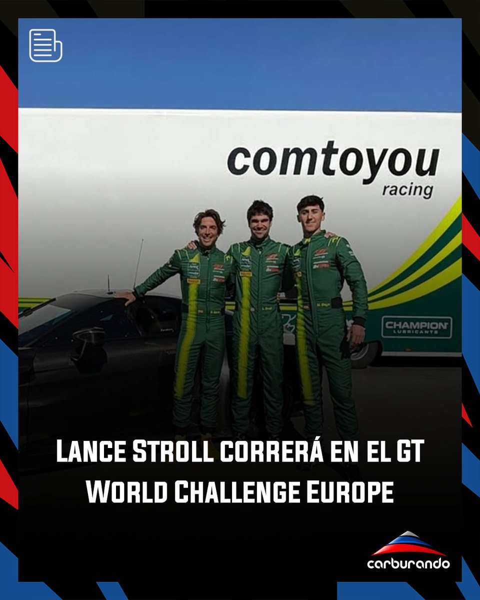 CarburandoTV's tweet image. 🏁Aprovechando el parate de la @F1, @lance_stroll debutará en el @GTWorldChEu.

El canadiense competirá junto a los españoles Roberto Merhi y @MariBoya64 el 11 y 12 de abril en Paul Ricard al volante de un Aston Martin Vantage GT3 del equipo @ComtoyouRacing.

#Stroll #GTWCEU
