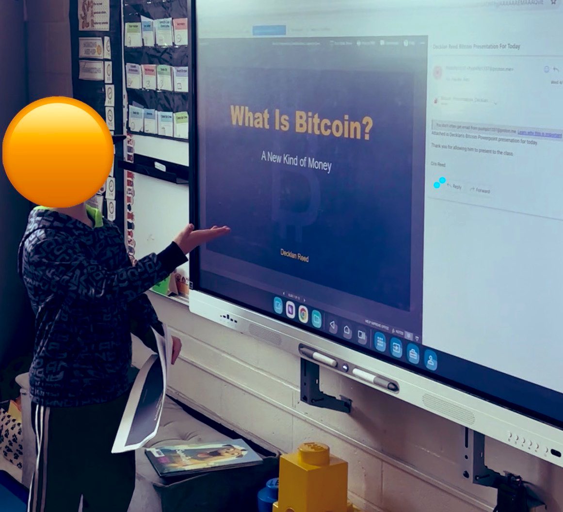 Proof of Work 🫡

Decklan presenting “What is Bitcoin” to his 2nd grade class this week. 

This was his first time presenting. All his idea. 

Was honestly kind of shocked when he asked his teacher and they said yes. 

Couldn’t be more proud.