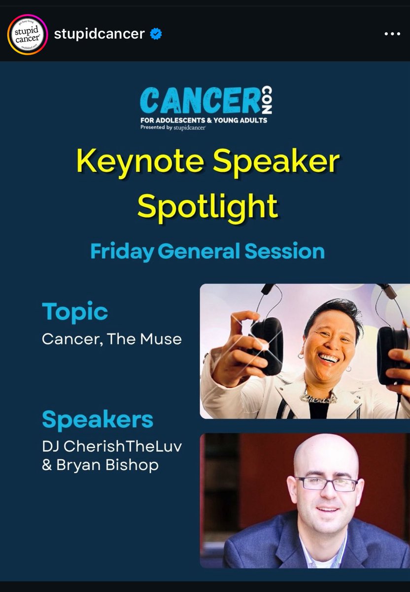 BaldBryan's tweet photo. Honored to be delivering the opening-day #keynote at @stupidcancer’s annual #cancercon conference with the amazing @djcherishtheluv! Cherish was our composer on “Growth,” &amp; I’m told that a scene from the movie may be played. Our #keynotespeaker session is Fri 5/1. See you there! https://t.co/TUcl6xPuNu