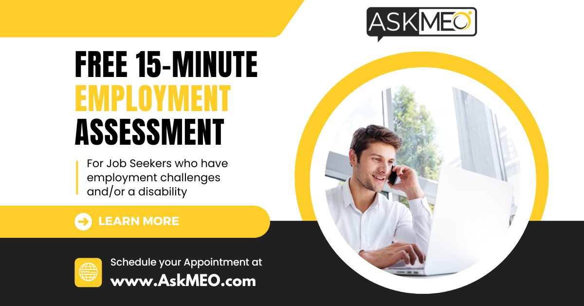 askmeo1000's tweet image. Did you know that Ask MEO offers a FREE 15-minute employment assessment to job seekers nationwide who have employment challenges or a disability? Schedule your free assessment today!  askmeo.com/job-seekers/  

#JobSeekers #CareerSupport #DisabilityEmployment #EmploymentHelp