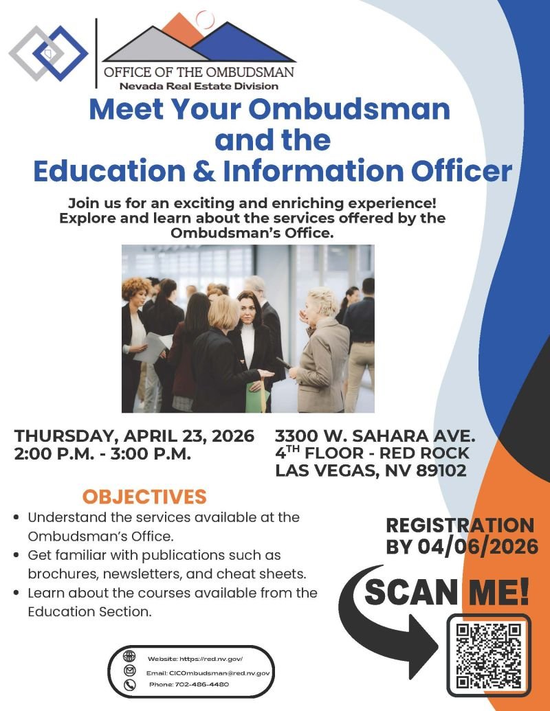 NevadaDBI's tweet photo. The Office of the (HOA) Ombudsman invites you to a meet &amp; greet to learn about resources, services, &amp; educational opportunities available to licensees &amp; stakeholders.
📅 Thursday, April 23, 2026
🕑 2 – 3 PM
📍 3300 W. Sahara Ave., Las Vegas 
RSVP by 4/6 via QR code below: https://t.co/NJgXk81RRG