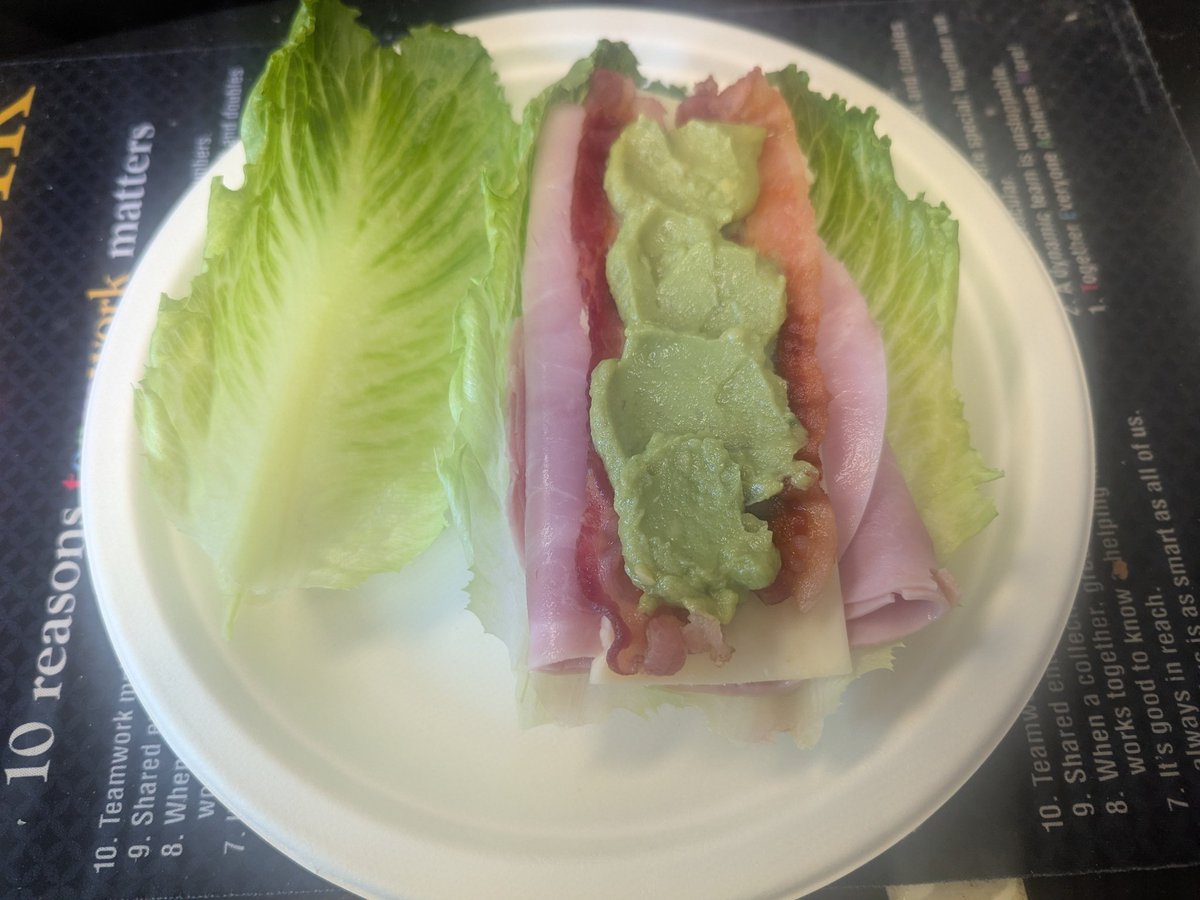 dugless1ders's tweet photo. #Tightwads version of a Jimmy John's bacon, ham, pepper jack cheese, mayo &amp; guacamole at the salt mine.

#KETO https://t.co/fsPJD5zngR