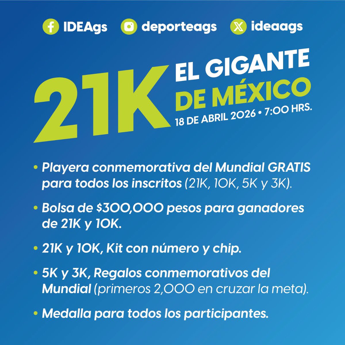 ideaags's tweet photo. ¿Ya te inscribiste? No pierdas la oprtunidad de formar parte del 21K El Gigante de México. 

📝 Inscripciones aquí: https://t.co/BwYVl1WBYY
📍 Plaza Patria. 
📆 18 de abril.
🕐 07:00 am. 

¡Te esperamos! https://t.co/uvVXoaM3XV