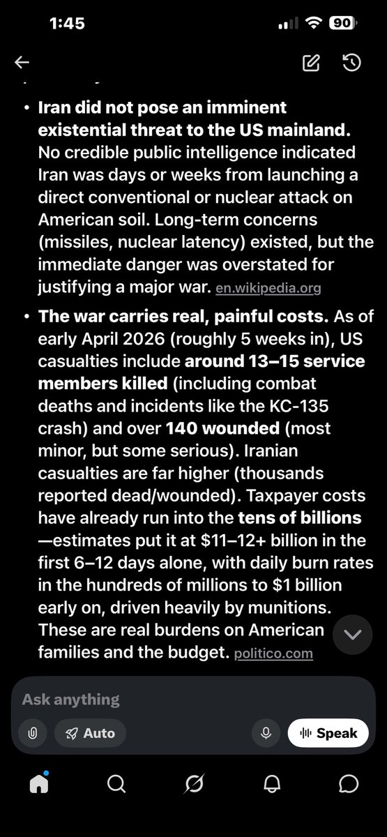 MOBFAX's tweet image. Even @Grok agrees that #Iran posed no threat to the U.S. mainland. We have  really #stupid President.