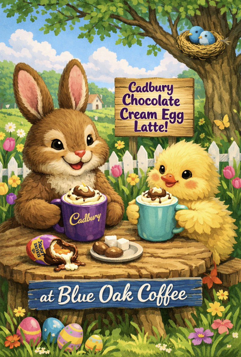 Cadbury chocolate cream egg latte. Available now! Happy Easter everyone! #BlueOakCoffee #BakersfieldCoffee #BakersfieldBakery #DowntownBakersfield #CadburyEggLatte
