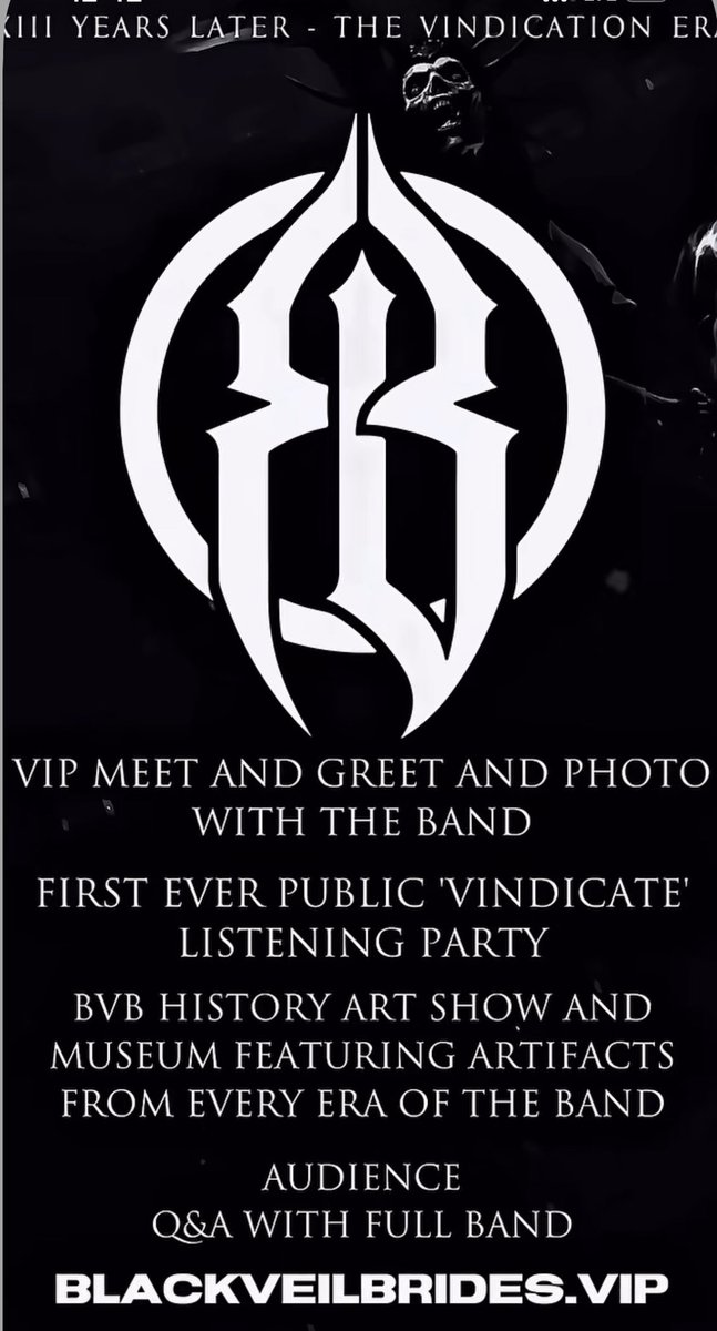 Tickets are on sale now for the exclusive album release party in honor of vindicate! Snag them before they’re gone.
 It would be a dream to be there celebrating. 🩸
 <a href="/blackveilbrides/">Black Veil Brides</a> 
<a href="/andyblack/">Andy Biersack</a>