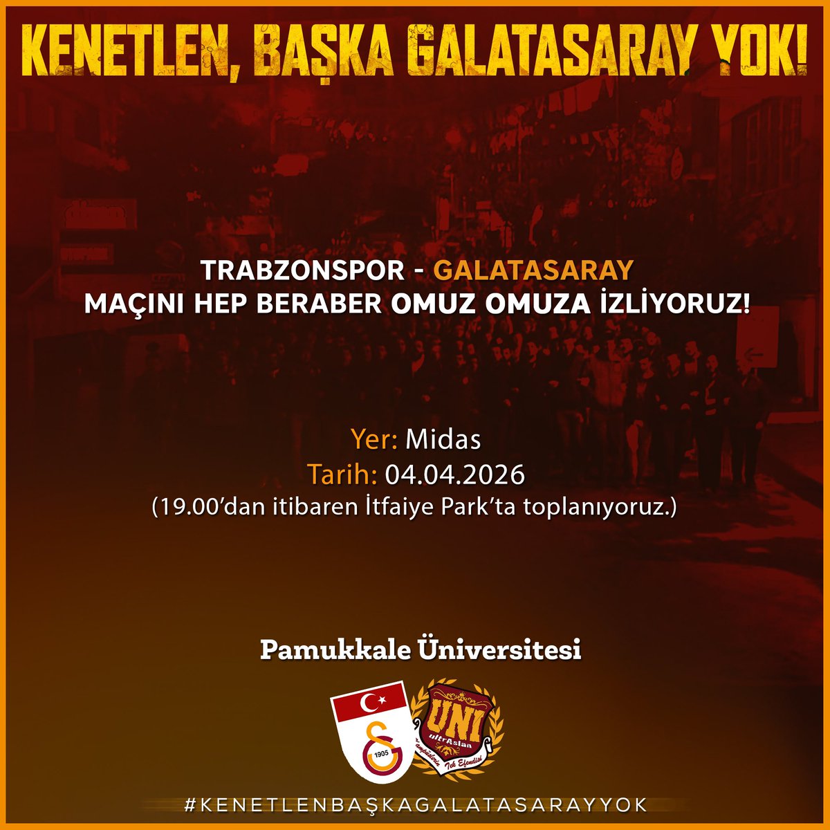 uAUNIPamukkale's tweet photo. Galatasaray’ımızın trabzonspor maçını hep birlikte omuz omuza izliyoruz ! Tüm Galatasaraylı kardeşlerimizi bekleriz !
#ultrAslanUNI https://t.co/erjkQ3OZza
