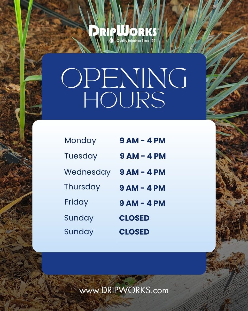 dripworksusa's tweet image. We’re here when your garden needs us 💧🌱

🕘 Monday–Friday: 9 AM – 4 PM
🚫 Weekends: Closed

Have questions or need help with your setup? Our team’s ready to help you grow smarter.
Learn more, Grow more with Dripworks.com
#DripWorks #CustomerSupport #DripIrrigation