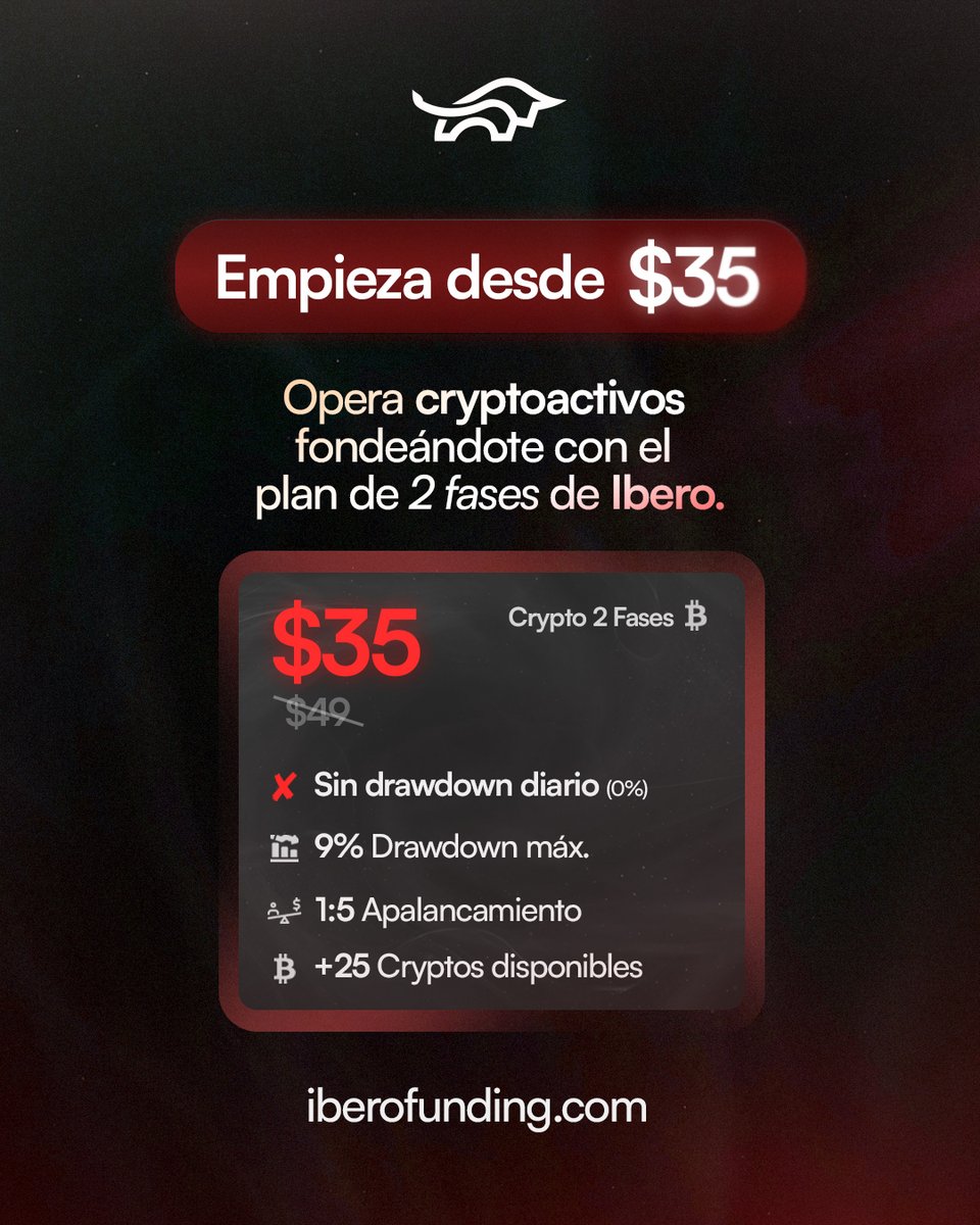IberoFund's tweet photo. Empieza desde solo $35.

Accede a capital para operar crypto con Ibero, sin drawdown diario y con más de 25 cryptoactivos disponibles.

Menos restricciones, más libertad en tu trading. 

Más en bio!

#propfirm #trading #funded #forex https://t.co/h1r8cstVnJ