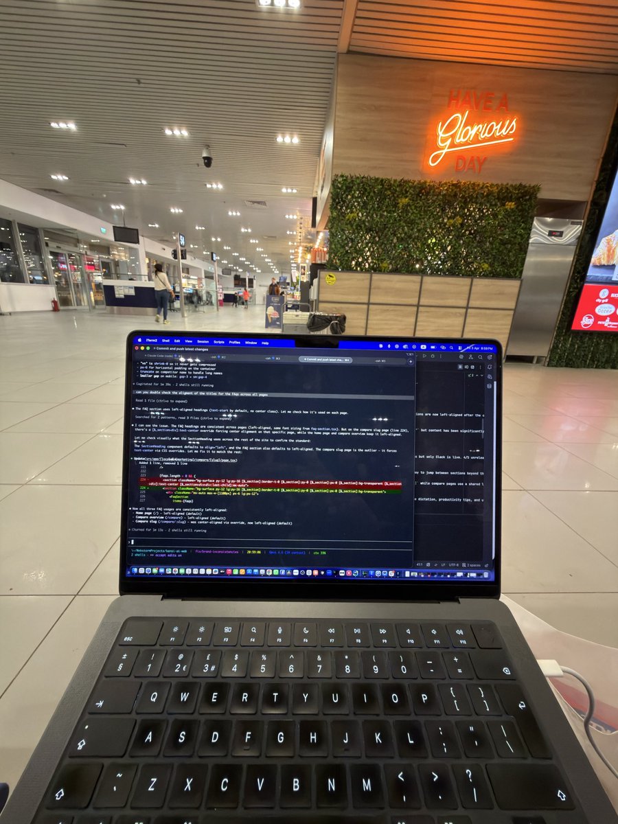 It’s a glorious day to work on <a href="/Kensi_AI/">Kensi AI</a> from the airport while waiting for the gate to open