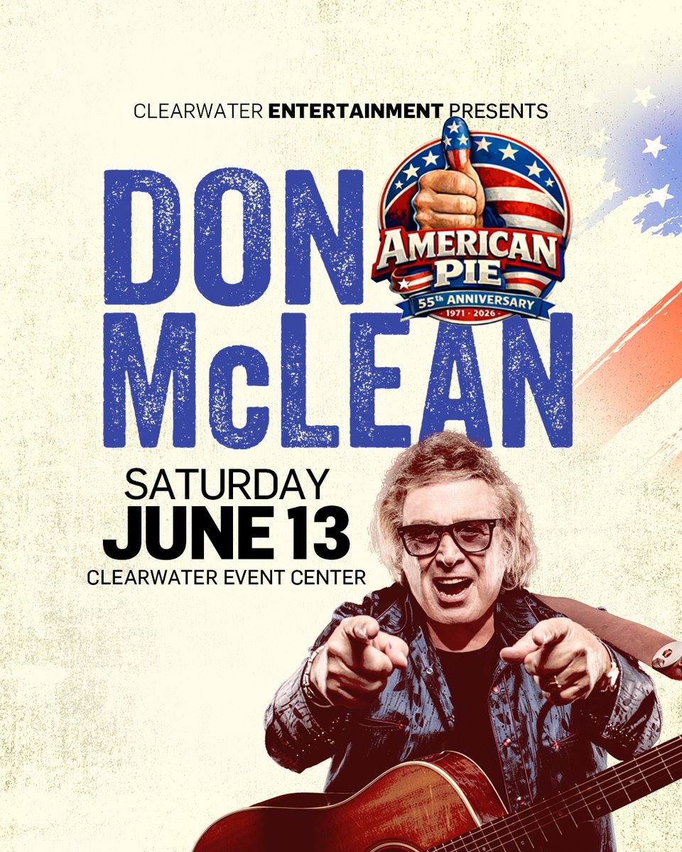 🎶 Don McLean LIVE! 🎶
Celebrate 55 years of American Pie with a true music legend 🇺🇸✨
📅 June 13, 2026
📍 Clearwater Event Center
🎟️ Tickets from $52
Grab yours now 👉 bit.ly/3NRPvAO
Who are you bringing? 👇
#DonMcLean #AmericanPie #LiveMusic #PNWEvents